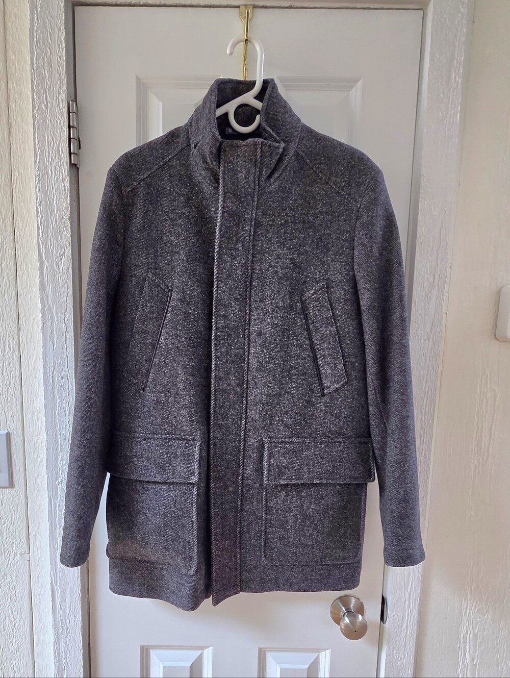 Cole Haan Gray Wool-Blend Stand Collar Pea Coat